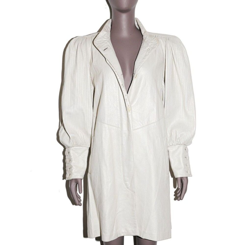 Vintage Women’s White Leather Coat Elegant Longline Classic Overcoat